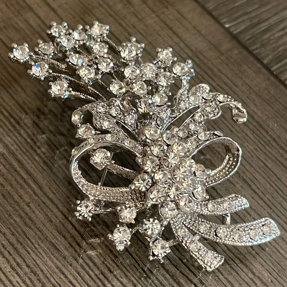 Vintage Silver-tone Rhinestone Floral Spray Floral Arrangement with Bow